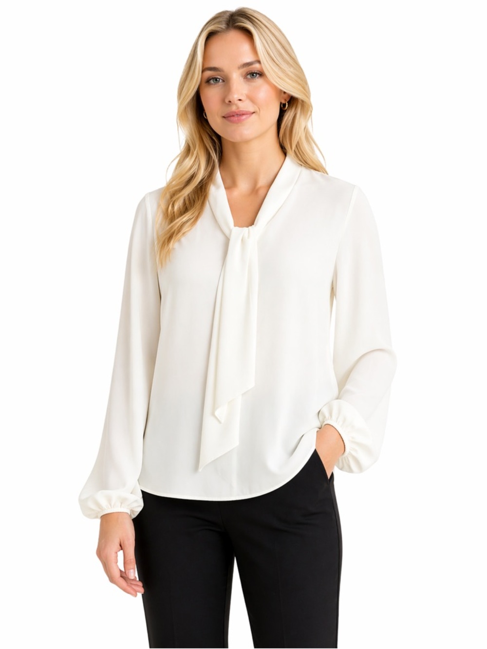 Kasper White Tie-Neck Long Sleeve Blouse S